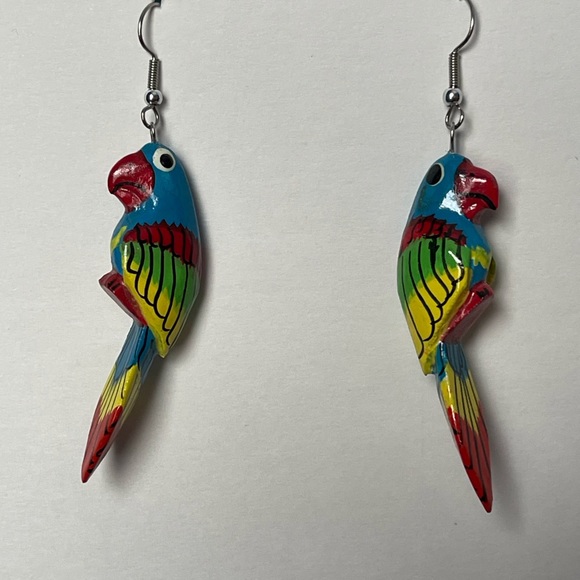 Vibrant Hand Painted Wooden Parrot Earrings - Picture 2 of 6